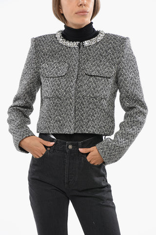 Herringbone Wool Blend Blazer with Jewel Crew-neck 