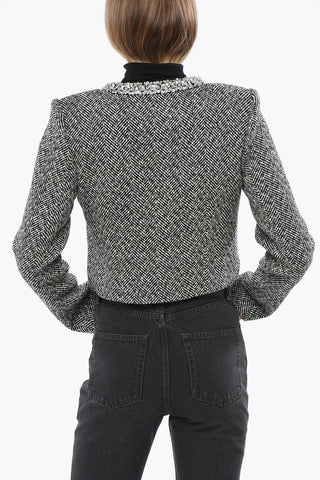 Herringbone Wool Blend Blazer with Jewel Crew-neck 