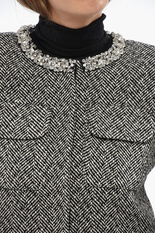 Herringbone Wool Blend Blazer with Jewel Crew-neck 