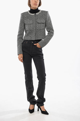 Herringbone Wool Blend Blazer with Jewel Crew-neck 
