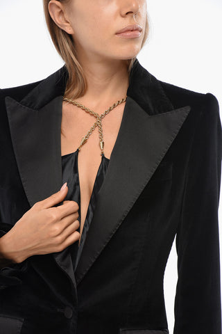 Velvet 1 Button Blazer with Flap Pockets