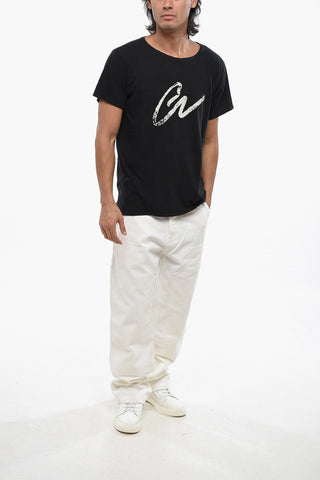 Solid Color Crew-neck T-Shirt with Contrasting Print
