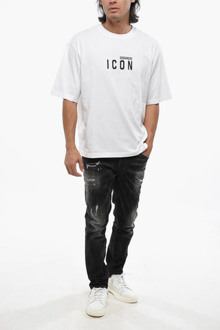 ICON Loose Fit Solid-Color Crewneck T-Shirt with Contrast Print