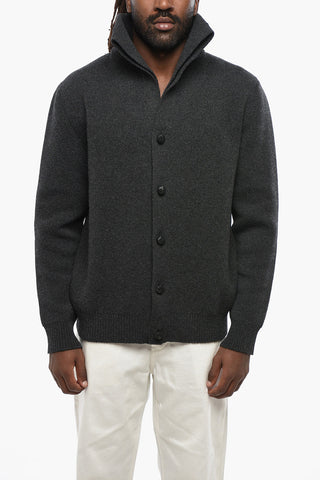 Cardigan in Lana a Tinta Unita con Bottoni in Pelle Intrecciata