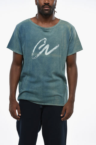 Washed-Out Effect Crew-neck T-Shirt with Frontal Print