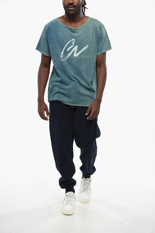 Washed-Out Effect Crew-neck T-Shirt with Frontal Print