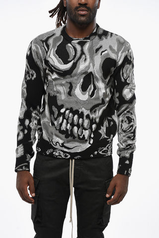 Metallic Fabric Crewneck Sweater with Jacquard Skull Motif