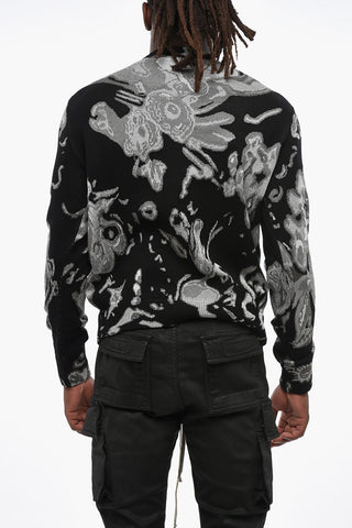 Metallic Fabric Crewneck Sweater with Jacquard Skull Motif