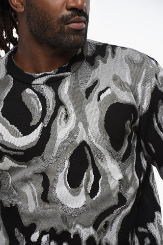Metallic Fabric Crewneck Sweater with Jacquard Skull Motif