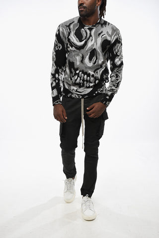 Metallic Fabric Crewneck Sweater with Jacquard Skull Motif