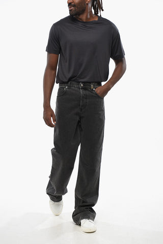 Dark-Wash Baggy Jeans with Hammered Leather Logo Patch 28cm