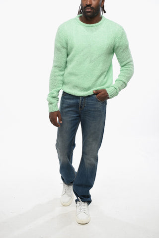 Solid Color Mohair Blend Crew-neck Sweater