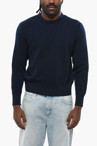 Solid Color Virgin Wool Crew-neck Sweater with Iconic Detail