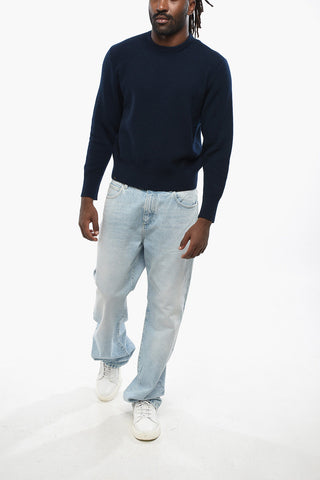 Solid Color Virgin Wool Crew-neck Sweater with Iconic Detail
