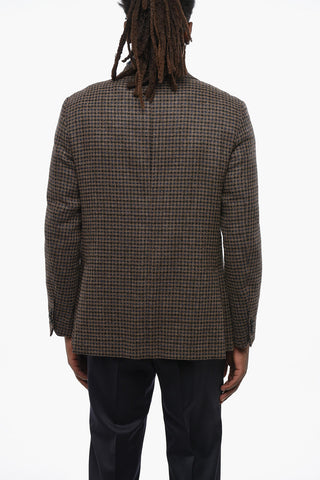 Wool-Blend Single-Breasted Blazer with Check Pattern and Patch Pockets