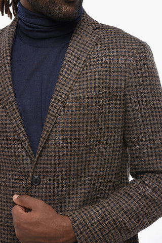 Wool-Blend Single-Breasted Blazer with Check Pattern and Patch Pockets