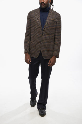 Wool-Blend Single-Breasted Blazer with Check Pattern and Patch Pockets