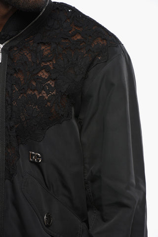 Bomber in Tinta Unita con Inserti in Pizzo e Monogram Argentato