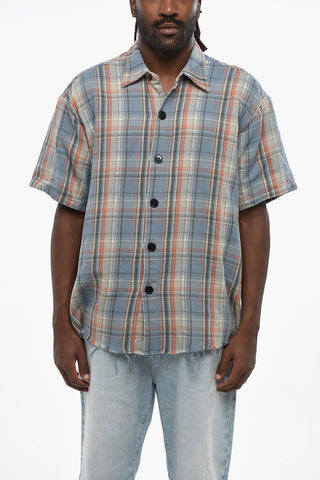 Short-Sleeve Shirt with Plaid Pattern and Raw-Edge Hem