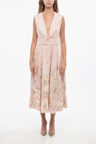Deep Neckline Linen Floral-Motif WAVERLY Flared Dress