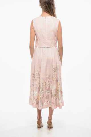 Deep Neckline Linen Floral-Motif WAVERLY Flared Dress
