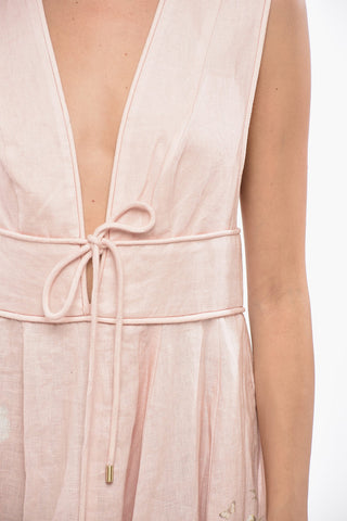 Deep Neckline Linen Floral-Motif WAVERLY Flared Dress