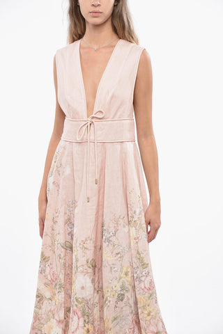 Deep Neckline Linen Floral-Motif WAVERLY Flared Dress