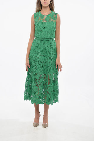 Plant Motif Crochet Flared Dress with Belt