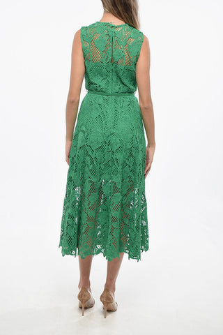 Plant Motif Crochet Flared Dress with Belt