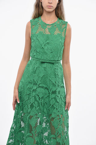Plant Motif Crochet Flared Dress with Belt