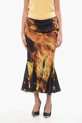 Silk Midi Skirt with Flame Print