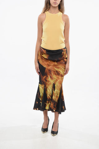 Silk Midi Skirt with Flame Print