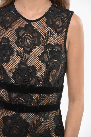 Lace Mini Dress with Floral Motif and Velour Details