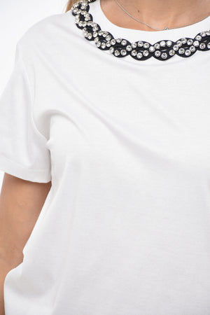 코튼 크루넥 티셔츠 주얼 장식