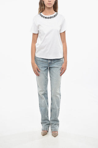 Cotton Crewneck T-shirt with Jewel Embellishments