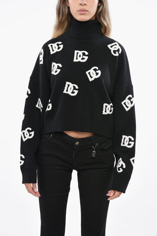 Virgin Wool Turtleneck Sweater with All-Over Monogram