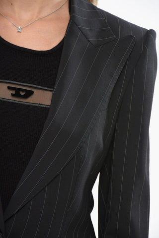 One-Button Virgin Wool Pinstriped Jacket with Peak Lapel