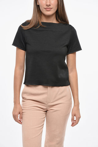 Einfarbiges Rundhals-T-Shirt mit Seiden-Details