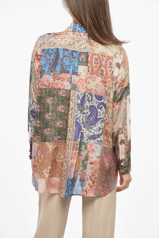 Blusa DAVI In Seta Effetto Patchwork con Bottoni Gioielli