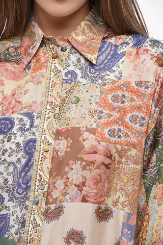 Blusa DAVI In Seta Effetto Patchwork con Bottoni Gioielli