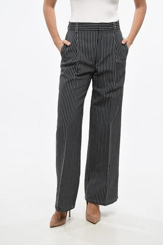 Flax Blend Cropped Fit Pants with Pinstriped Pattern