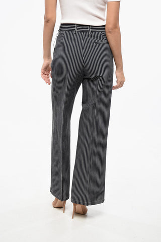 Flax Blend Cropped Fit Pants with Pinstriped Pattern