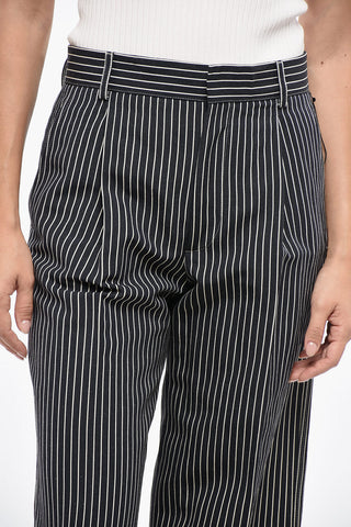 Flax Blend Cropped Fit Pants with Pinstriped Pattern