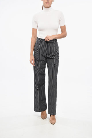 Flax Blend Cropped Fit Pants with Pinstriped Pattern