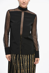 Blusa a Collo Alto con Inserti in Sheer Monogram