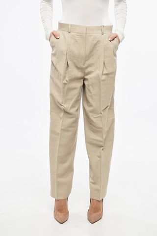 Pantaloni a Doppia Pince in Misto Lino a Vita Alta