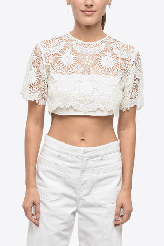 Kurzärmeliges Crop-Top aus Baumwollmischung mit Makramee