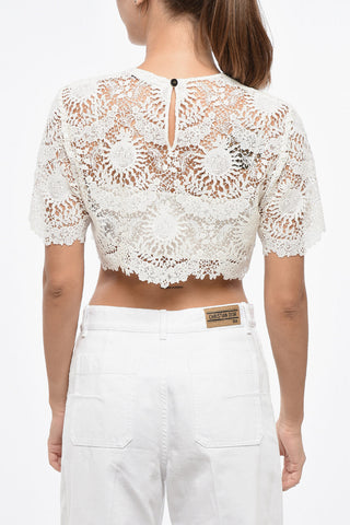 Kurzärmeliges Crop-Top aus Baumwollmischung mit Makramee