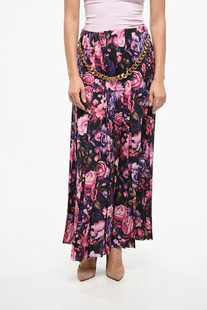 Long Pleated Skirt with Floral Pattern and Chain Detail