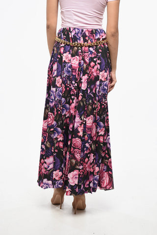 Long Pleated Skirt with Floral Pattern and Chain Detail